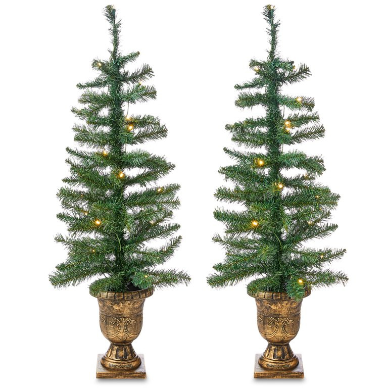 2-Count Prelit 3.5' Artificial Porch Christmas Trees with LED Lights, Holiday Time | Walmart (US)