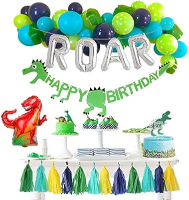 Dinosaur Party Decorations Balloons Garland Kit with Silver ROAR Foil Balloon and Cute Jungle The... | Amazon (US)