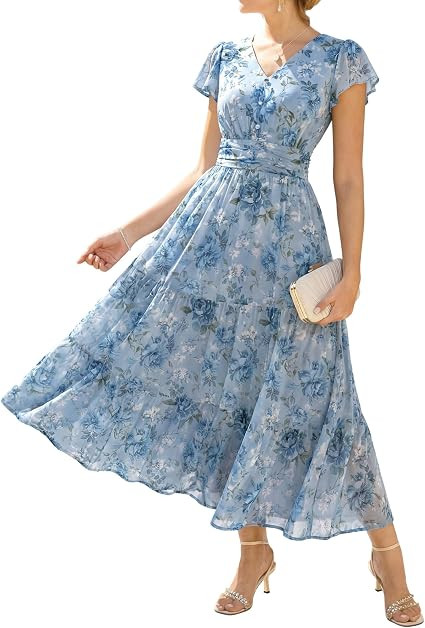 GRACE KARIN 2026 Women Summer Dress,Maxi Short Sleeve Floral Dresses,Semi Formal Flowy Wedding Gu... | Amazon (US)