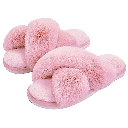 Metog Women's Fuzzy Cross Band Slippers - Soft Plush Indoor/Outdoor Pink, 11-12 Women | Amazon (US)