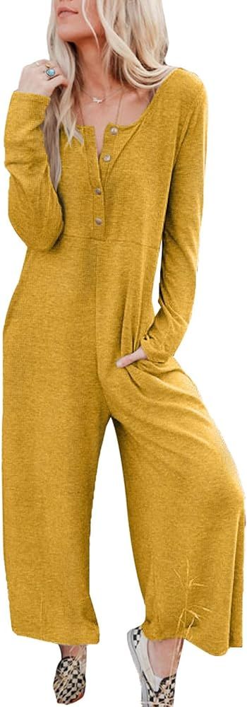 Women's Jumpsuits Long Sleeve Front Button Waffle Knit Jumpers Casual Wide Leg Long Pants Romper wit | Amazon (US)