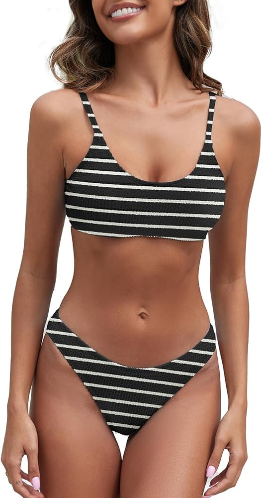 Fanuerg Women's Ribbed Bikini Sets Scoop Neck Cheeky Swimsuit Textured Two Piece Bathing Suit | Amazon (US)