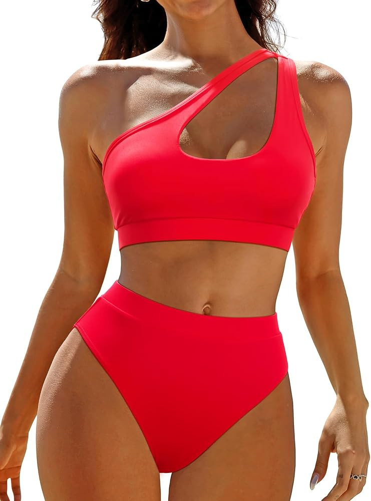 Holipick Women's One Shoulder High Waisted Cheeky Bikini Set Two Piece Swimsuits Cut Out Bathing ... | Amazon (US)