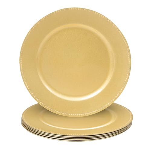 MAONAME 13" Gold Charger Plates Set of 6, Round Charger for Dinner Plates, Plate Chargers with Beaded Rim, Plastic Table Chargers for Wedding, Party | Amazon (US)