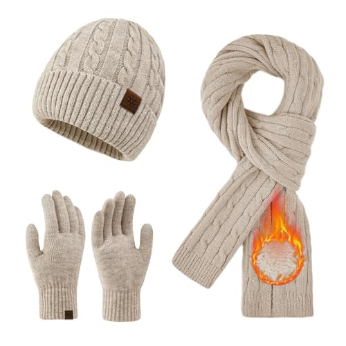 MA COWCF Womens Winter Beanie Hat Scarf Gloves Set, Winter Knit Touch Screen Gloves Long Scarf Skull Caps Fleece Lined Winter Gift for Women Men(Khaki) | Amazon (US)
