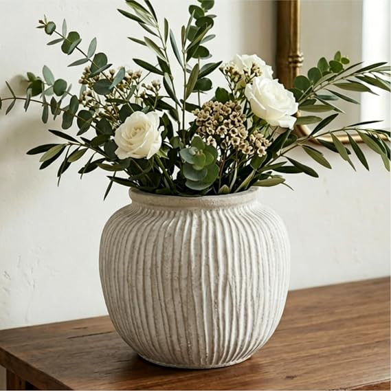 Large Rustic Decorative Vase, 9" Distressed White Round Floor Vase | Amazon (US)