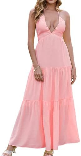 GLNEGE Summer Maxi Beach Dress Boho Halter V Neck Backless Bow Dresses Flowy Trendy Ruffle Sundre... | Amazon (US)