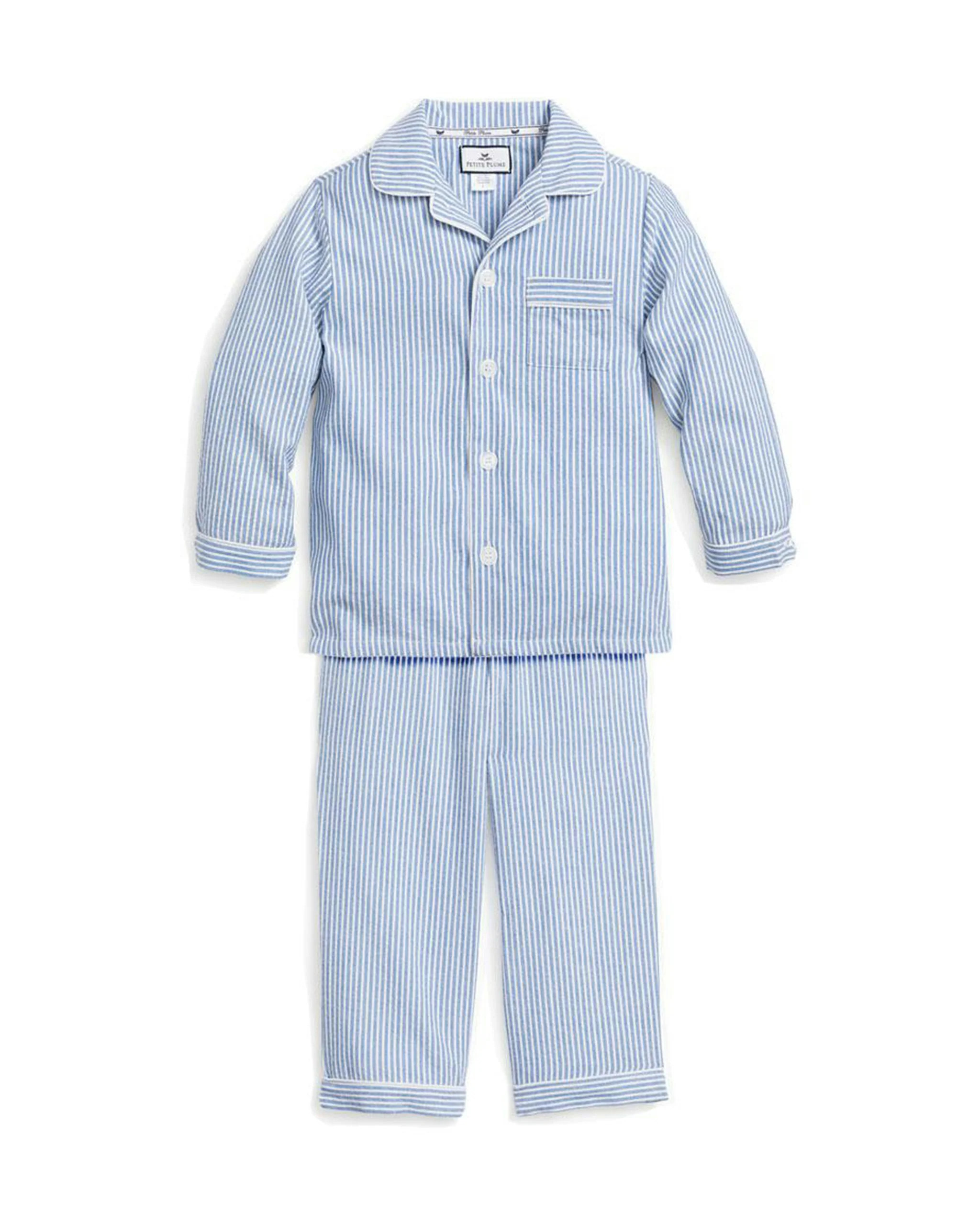 Kid's Twill Pajama Set in French Blue Stripes | Petite Plume