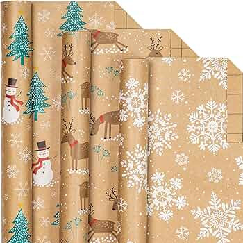 LeZakaa Christmas Kraft Wrapping Paper - Mini Roll - Reindeer/Snowman and Tree/Snowflake Print fo... | Amazon (US)
