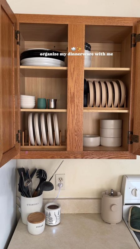 organize my dinnerware with me 🫖✨ featuring my fav dinnerware finds; our silicone toddler plates, mini snack bowls, and my ceramic plate + bowl set—neatly organized with bamboo racks from Amazon!  #dinnerware #organization #kitchen 

#LTKVideo #LTKHome #LTKFindsUnder50