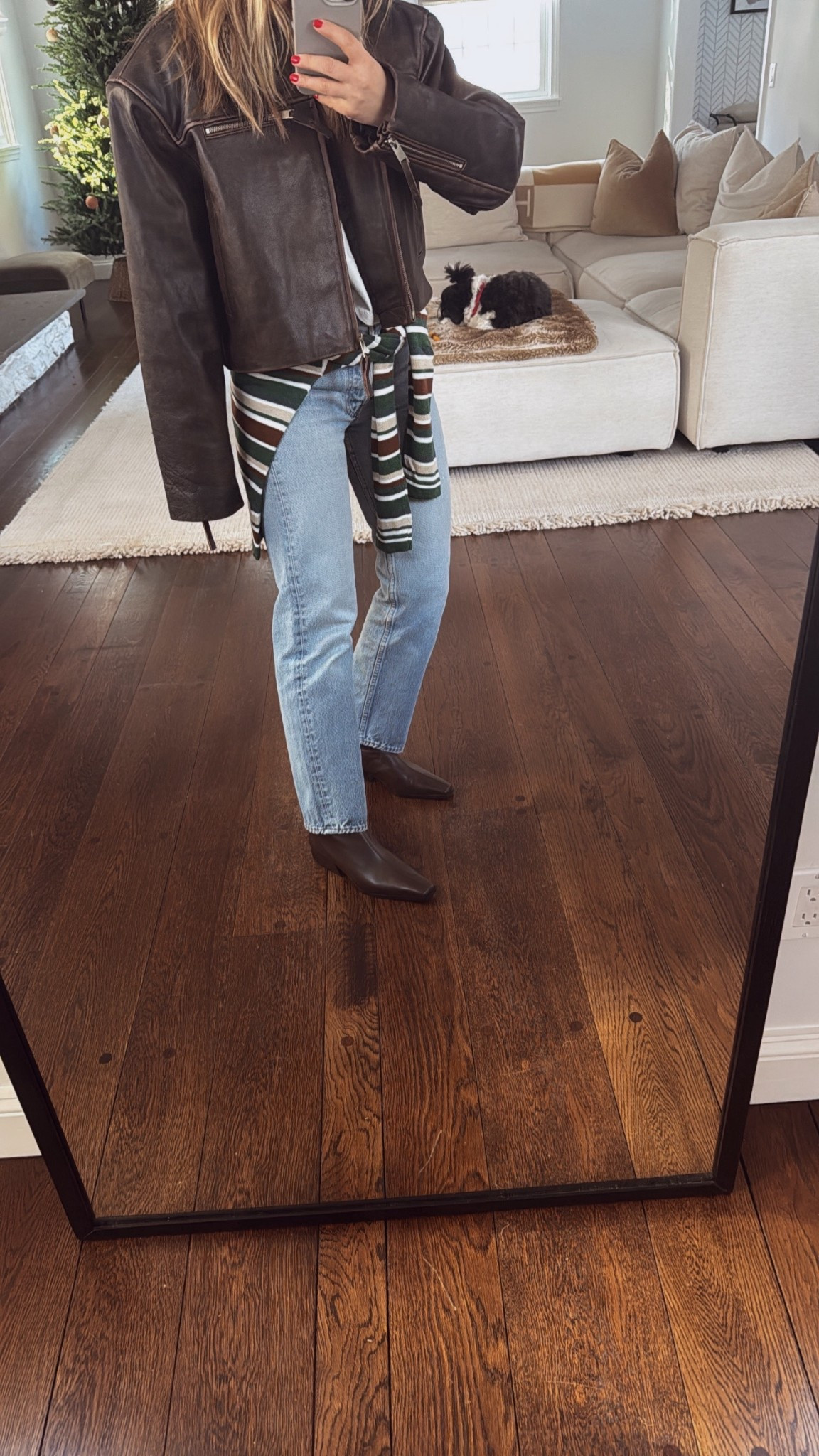 Weirdly mild today weather wise! 

Leather jacket xxs I also have the black version in Xs which is bigger in the shoulders & longer in the sleeves! 

*Denim vintage 
Boots tts & buttery soft! Also come in black 
TTS 