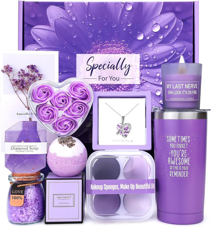 10 PC Purple Birthday Basket Gifts for Women Best Friend Mom Her Wife Girlfriend Sister,Gifts for... | Amazon (US)