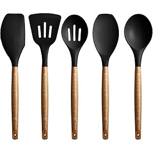 Miusco Non-Stick Silicone Kitchen Utensils Set with Natural Acacia Hard Wood Handle, 5 Piece, Bla... | Amazon (US)