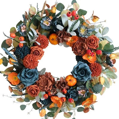 Fall Wreath with Blue and Orange Hydrangeas, Roses, Pumpkins and Berries, Handcrafted Autumn Floral Wreath for Front Door, Porch, Indoor Outdoor Home | Wayfair North America