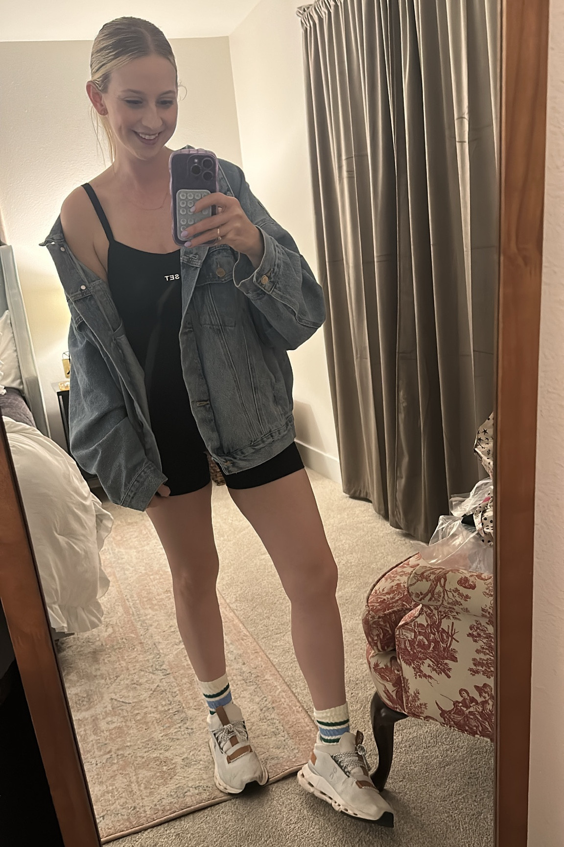 A shortsie set paired with an oversized denim jacket, varsity socks, and some chunky tennis shoes!? Absolutely! 

#LTKshoecrush #LTKfitness #LTKActive