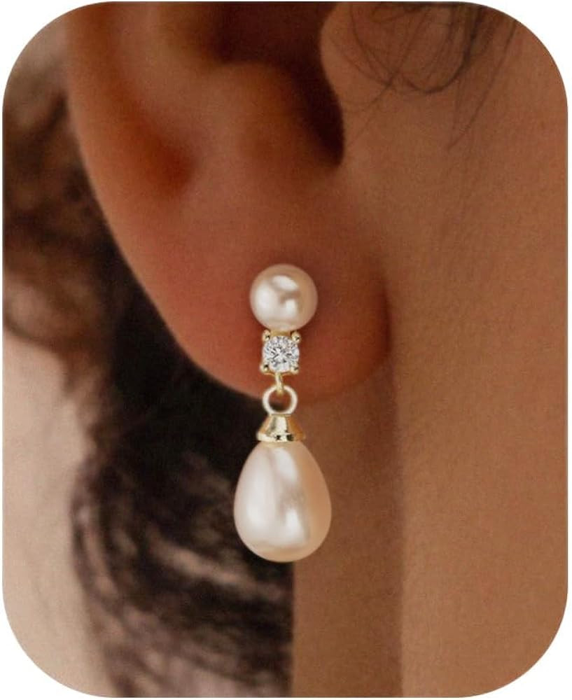 Pearl Earrings: 14k Gold/White Gold/Rose Gold Plated Cubic Zirconia Accented Pearl Drop Dangle We... | Amazon (US)