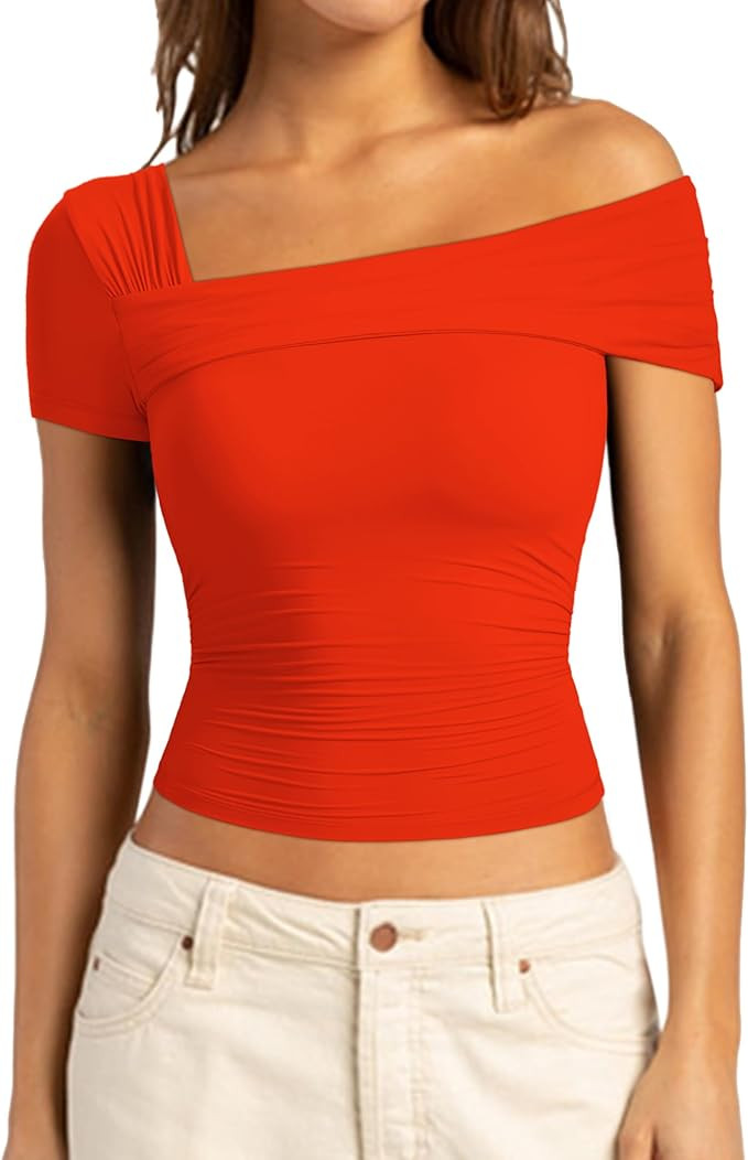 SUUKSESS Women One Off The Shoulder Summer Tank Tops Ruched Short Sleeve Shirts | Amazon (US)