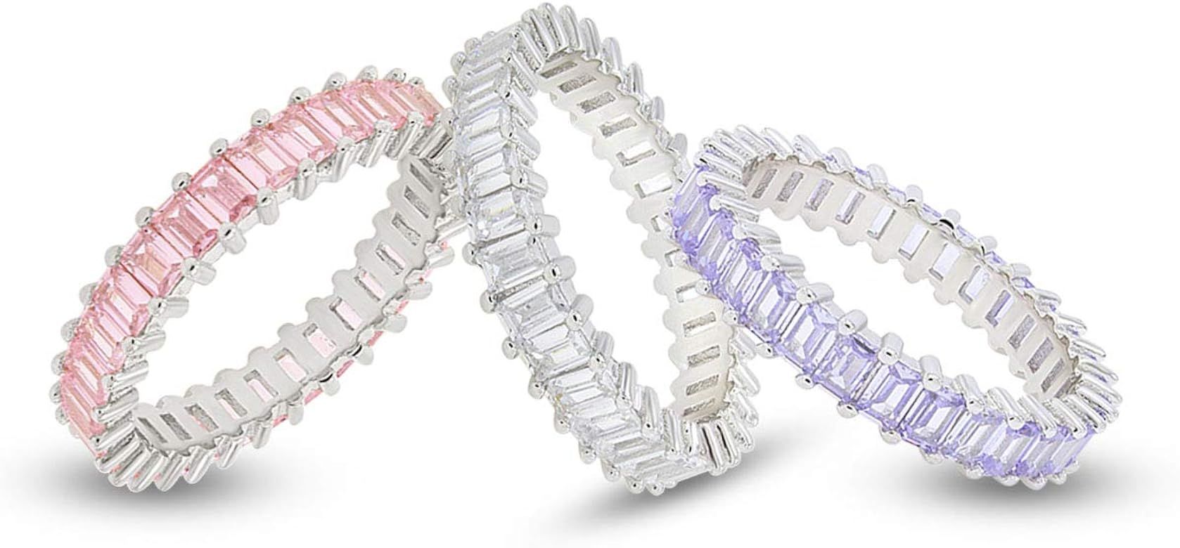 AFFY Set of 3 Pastel Rainbow Baguette Band Ring Anniversary Eternity Band Cubic Zirconia Crystal ... | Amazon (US)