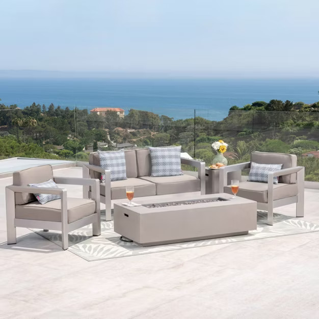 Aviara 5pc Aluminum Chat Set with Fire Pit - Silver/Khaki and Light Gray - Christopher Knight Hom... | Target