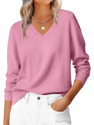 ANRABESS Womens Long Sleeve V Neck Sweaters 2025 Fall Casual Classic Soft Loose Fit Basic Pullover Jumper Top Coral Pink Small | Amazon (US)