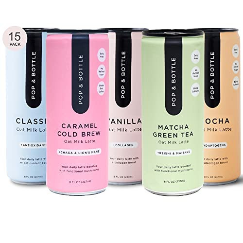 Pop & Bottle, Oat Milk Lattes - Maca, Antioxidants, Ashwagandha, MCT Oil, Collagen, Organic, Dairy & Gluten Free, Great as Iced Coffee, Ceremonial Matcha with Coconut Nectar - 8 Fl Oz (15 Pack) | Amazon (US)