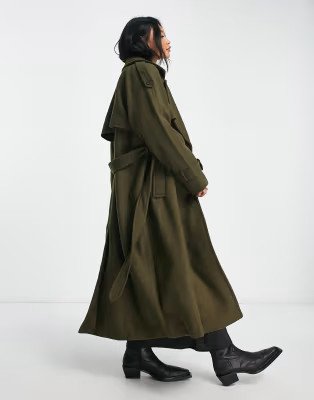 Bershka - Trench-coat en laine avec lien à nouer - Kaki | ASOS (Global)