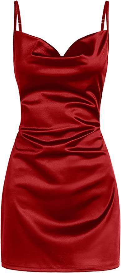 ZAFUL Women's Satin Sleeveless Spaghetti Strap Mini Dress Side Slit Cowl Neck Cocktail Party Dres... | Amazon (US)