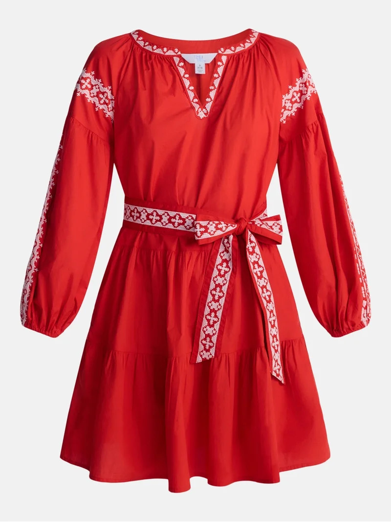 Time and Tru Women's Embroidered Cotton Mini Dress with Long Sleeves, Sizes XS-XXXL | Walmart (US)