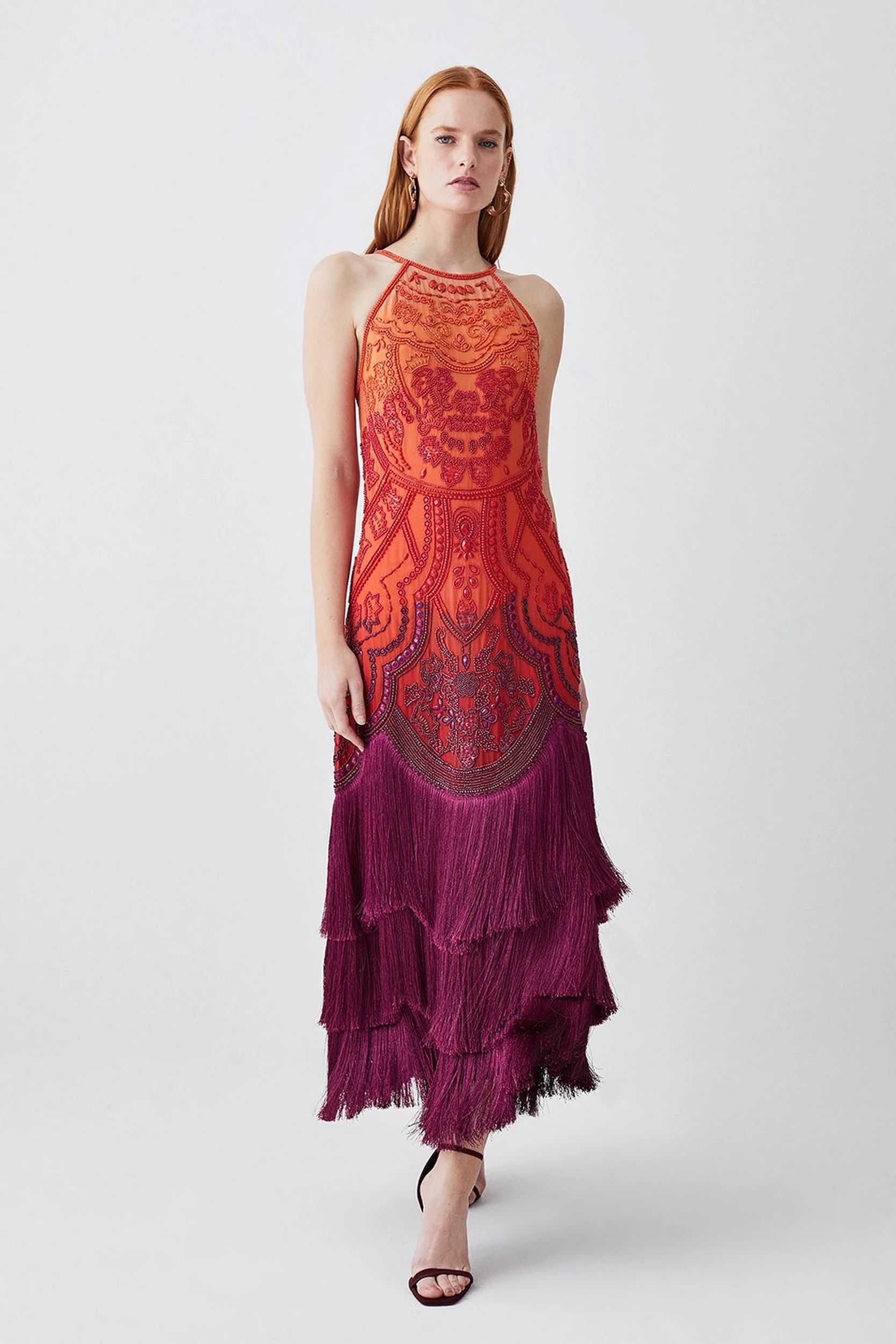 Ombre Fringe Strappy Beaded Maxi Dress | Karen Millen US