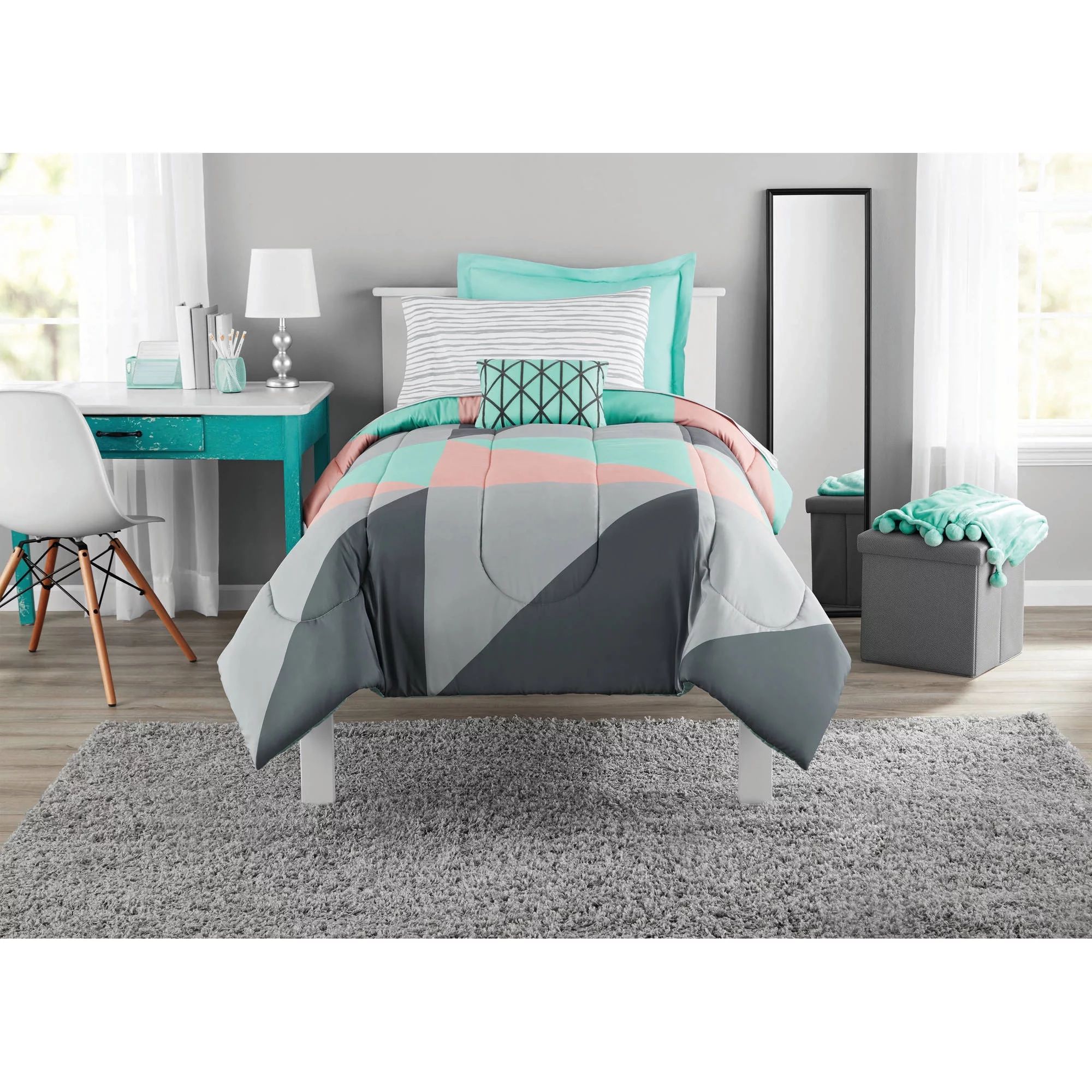 Mainstays Gray and Teal Geometric 6 Piece Bed in a Bag With Sheets, Twin/Twin XL | Walmart (US)