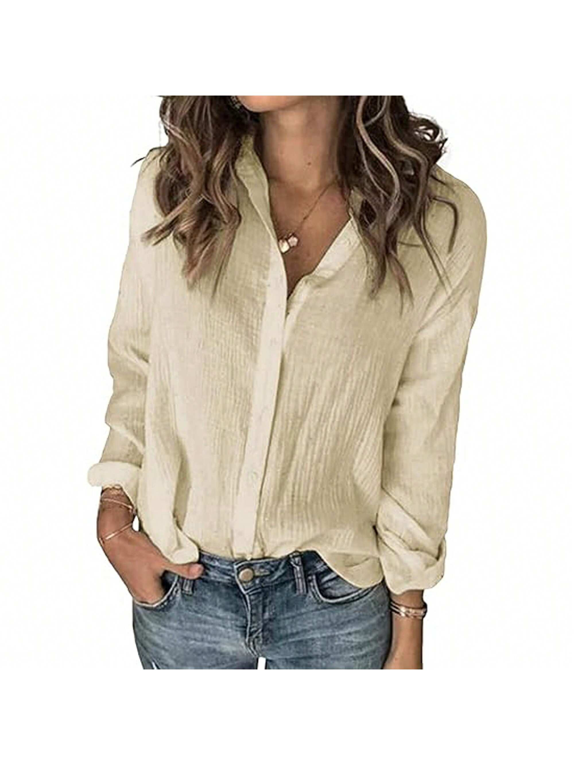 Womens Long Sleeve Button Down Cotton Linen Shirt Blouse Loose Fit Casual V-Neck Tops | SHEIN