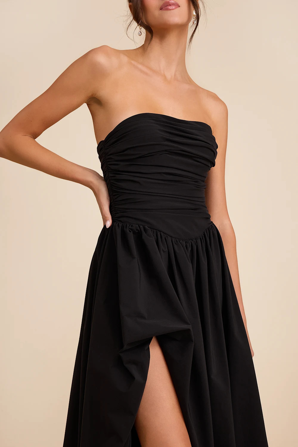 Marilou Black Strapless Ruched Lace-Up Maxi Dress | Lulus