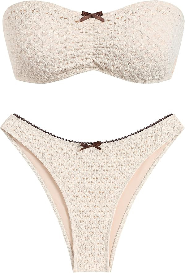 ZAFUL Women's Strapless Bikini Openwork Textured Bow Ruched Lace Up High Cut Bandeau Swimsuit Bat... | Amazon (US)