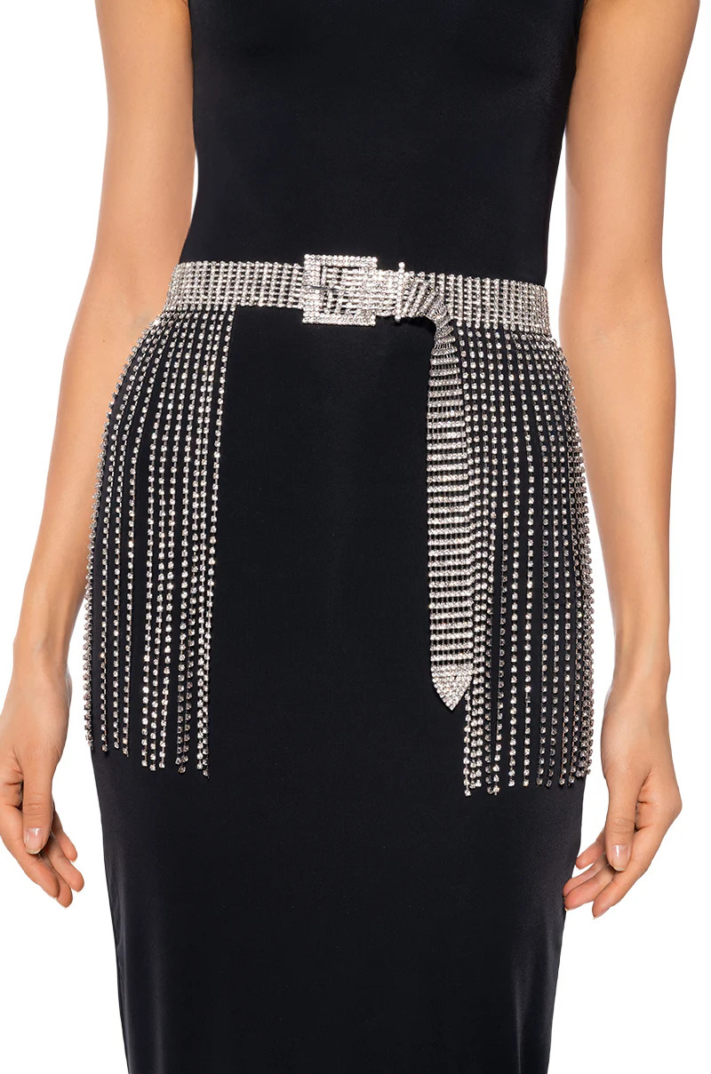 SHAKE A TAIL FEATHER RHINESTONE FRINGE SKIRT BELT | AKIRA