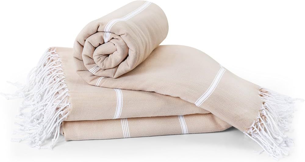 Utopia Towels Pack of 2 Turkish Beach Towel (40x72 Inches), Oversized 100% Cotton Sand Free Lightweight Absorbent Quick-Dry Beach Blanket, Extra Large Turkish Bath Towels for Travel (Beige) | Amazon (US)