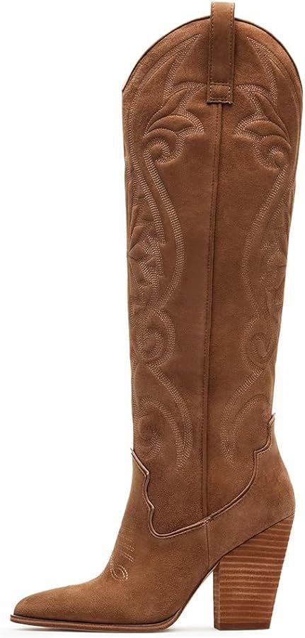 VOMIRA Knee High Cowboy Boots for Women Pointed Toe Chunky High Heels Pull-on Embroidered Boots W... | Amazon (US)