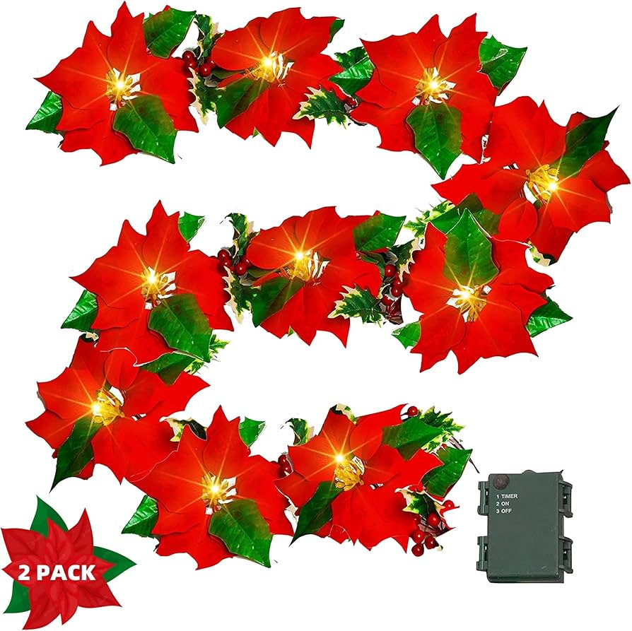 Dazzle Bright 2 Pack 7 FT Christmas Poinsettia Flowers Garland Decorations, 10 LED Lighted Artifi... | Amazon (US)