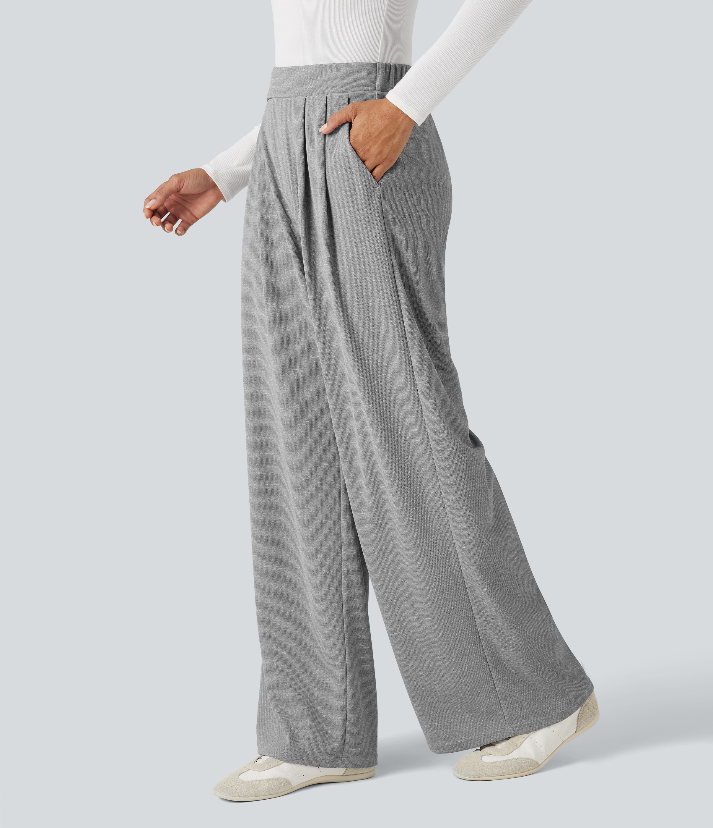 Halara High Waisted Pocket Wide Leg Waffle Casual Pants - Waffle Gray - M(regular) sweatpants jogger pants stacked sweatpants cargo joggers | HALARA