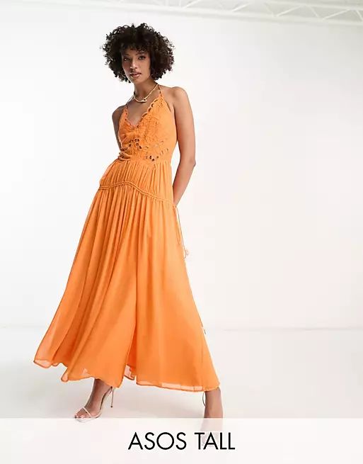 ASOS DESIGN Tall cutwork maxi slip dress with drawstring waist in orange | ASOS (Global)