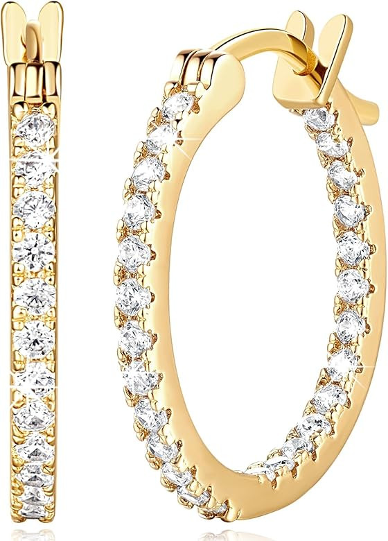 Gold Earrings 14K Gold Hoop Earrings for Women with Dual-sided Cubic Zirconia Gold Earrings for W... | Amazon (US)