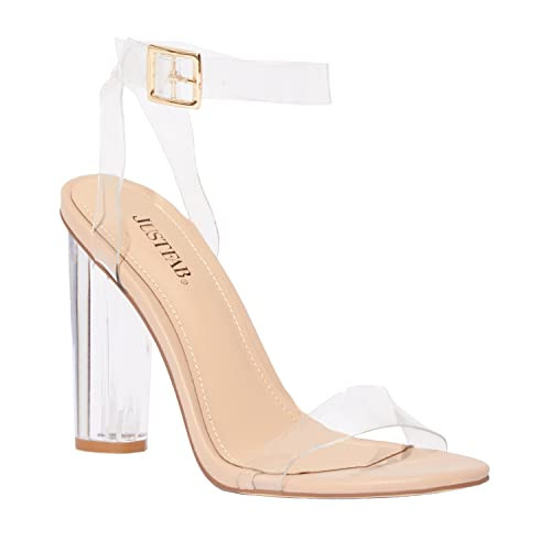 JustFab Women's Clear Chunky High Heels Sandals with Open Toe Ankle Strap Block Heels for Women C... | Amazon (US)