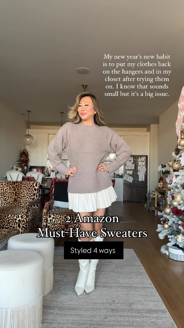 Two chic Amazon sweaters styled 4 ways. Love this chic classic Amazon sweaters paired with a faux leather skirt, Amazon leggings and boots, and showing how to style classic sweaters different ways 

#LTKFindsUnder100 #LTKOver40 #LTKStyleTip