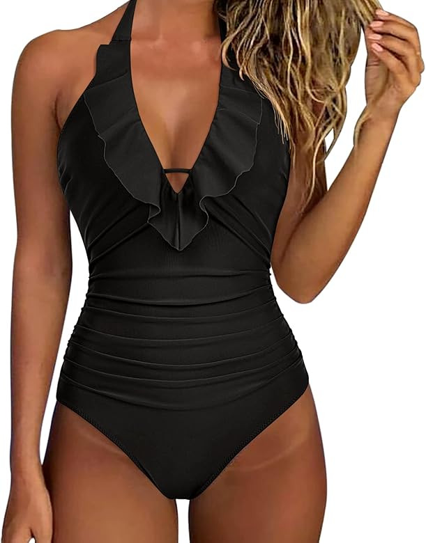 SUUKSESS Women Sexy Halter One Piece Swimsuits Ruffle Tummy Control Bathing Suit | Amazon (US)