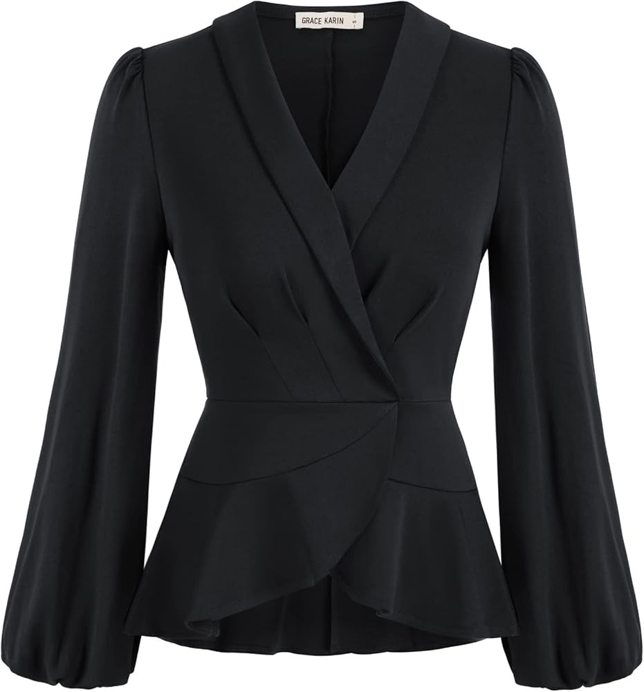 GRACE KARIN 2024 Women's Elegant Tops Long Sleeve Wrap Tops V Neck Formal Work Blouses Dressy Shi... | Amazon (US)