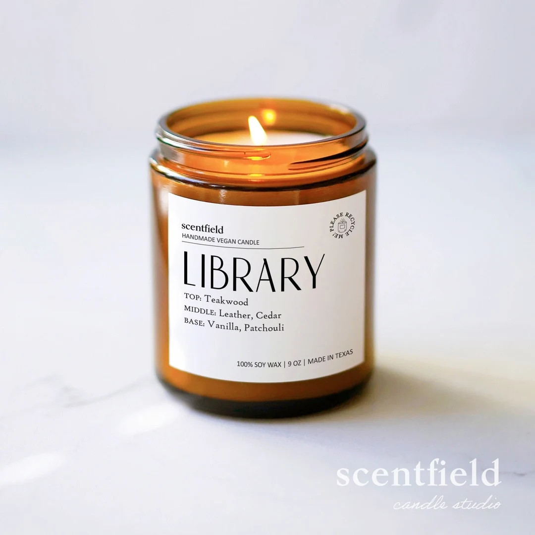 LIBRARY Soy Candle Gift for Women, Men, Bookworm Birthday Present, Teakwood Leather Cedar Scented... | Etsy (US)