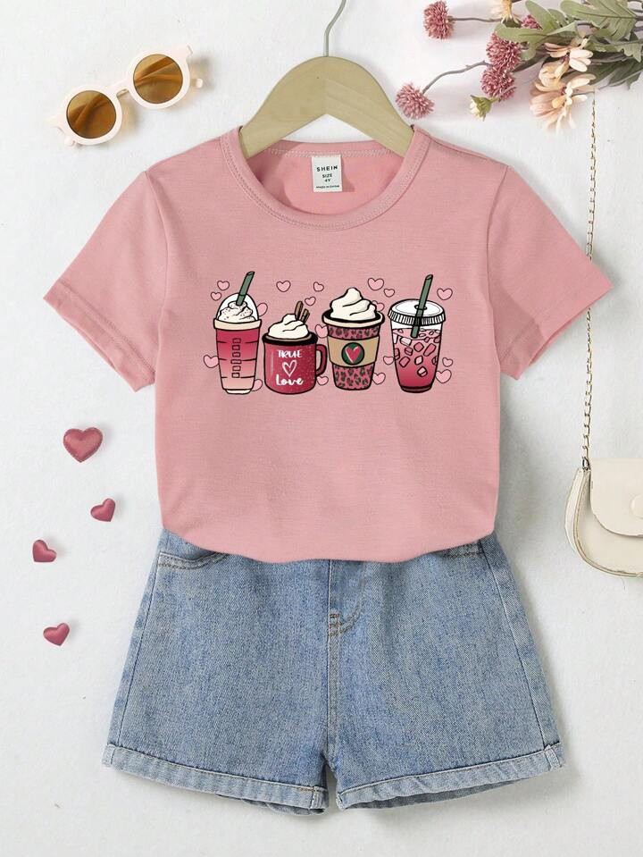 Girls' Heart & Coffee Pattern Round Neck Short Sleeve T-shirt | SHEIN