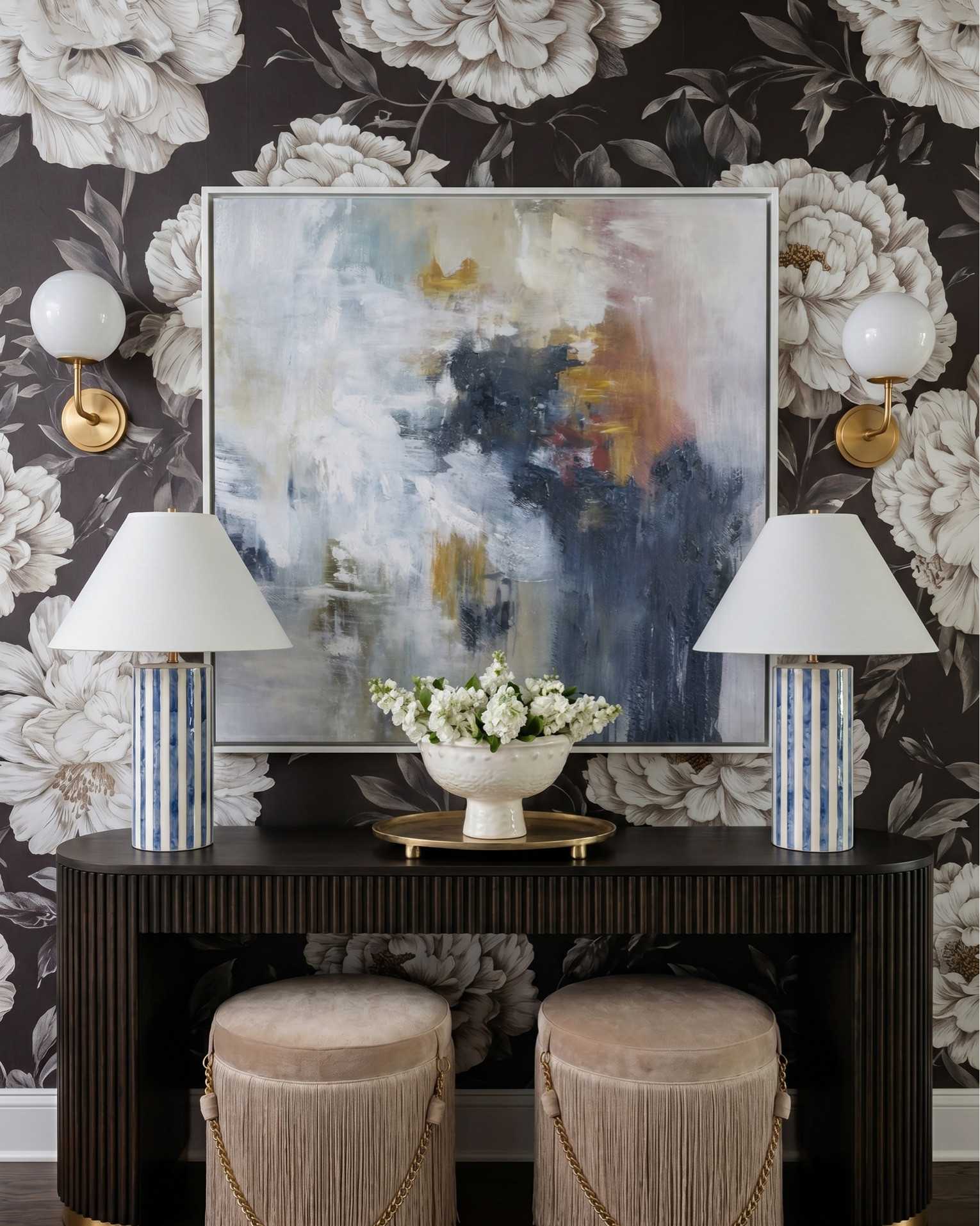 Layered transitional living room inspiration with luxe marble fireplaces, moody floral wallpaper, dark wood beams, boucle accent chairs, and designer lighting details. Shop the look for a cozy modern organic home with high-end furniture, neutral decor, blue accents, brass lighting, textured rugs, and timeless statement pieces. Perfect inspiration for anyone searching for transitional style living rooms, modern farmhouse decor, marble fireplace ideas, designer coffee tables, and curated home accessories. 

Shop this space: • Marble fireplace surround • Dark wood ceiling beams • Brass chandelier lighting • Boucle accent chairs • White slipcovered sofa • Blue patterned throw pillows • Dark wood coffee table • Abstract framed artwork • Textured neutral area rug • Ceramic table lamps • Built-in shelving decor • Decorative woven baskets • Floral wallpaper mural • Fringe ottomans • Fluted console table • Brass wall sconces • Ribbed cabinetry details • Marble slab backsplash • Glass cabinet fronts • Wine fridge built-in • Blue and cream vintage style rug • Modern ceramic vases • Coffee table styling books • Neutral cozy throw blankets

#LTKsale #LTKhome #LTKstyletip