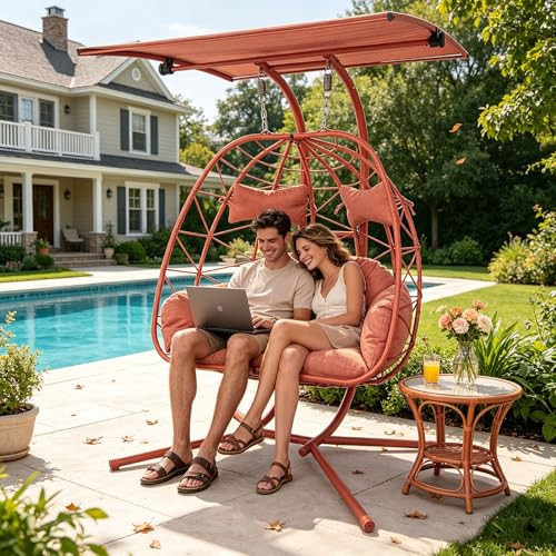 Double Hanging Egg Chair with Stand & Adjustable Canopy, Outdoor Wicker Swinging Egg Chairs with Cushion, Heavy Duty 600 lbs Patio Basket Hanging Chair for Balcony Porch Backyard Garden (Orange Red) | Amazon (US)