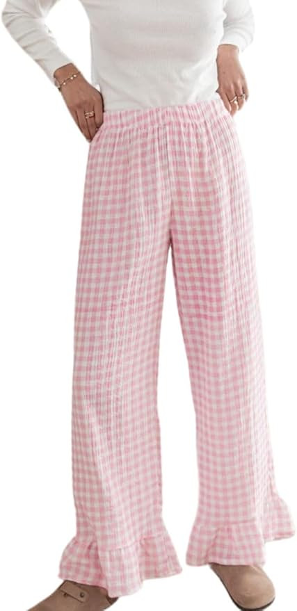 Womens Gingham Pants Wide Leg Lounge Pants Y2k Plaid Print Ruffle Hem Loose Trouser | Amazon (US)