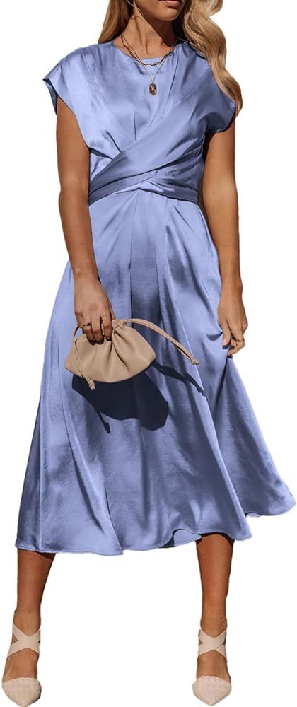Women's 2023 Summer Satin Midi Dress Cap Sleeve Tie Waist Elegant A-Line Flowy Dresses | Amazon (US)